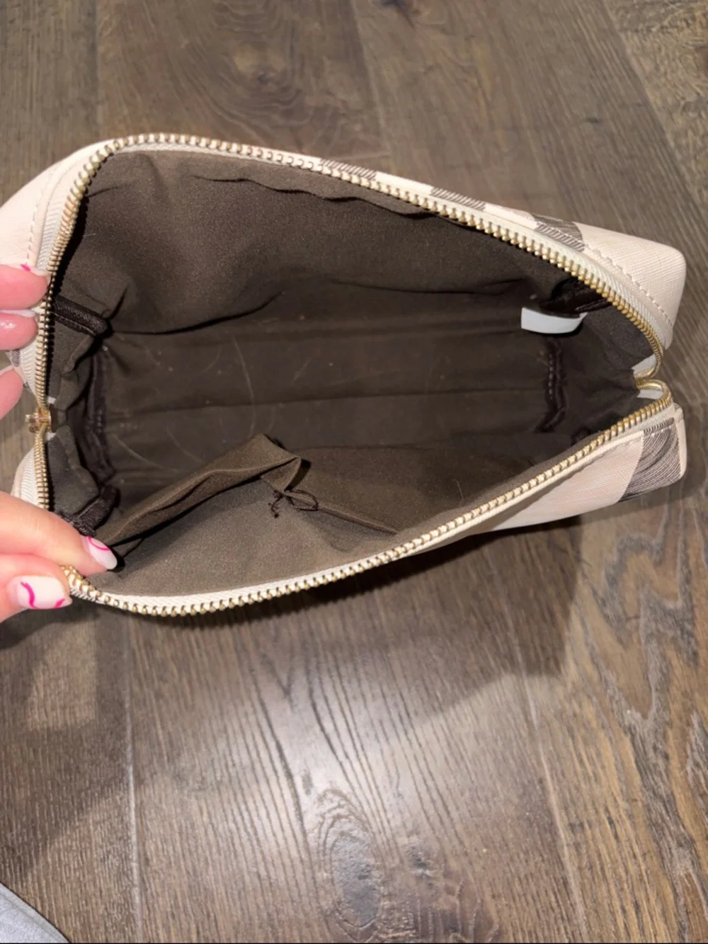 Cream Plaid Cosmetic Pouch with Black Check Detail